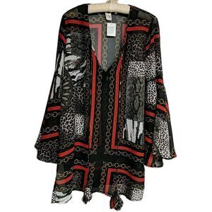 Violet Sky Top Women Medium  Cover Up Glam Cruise Tunic Tassels Black Fan Sleeve